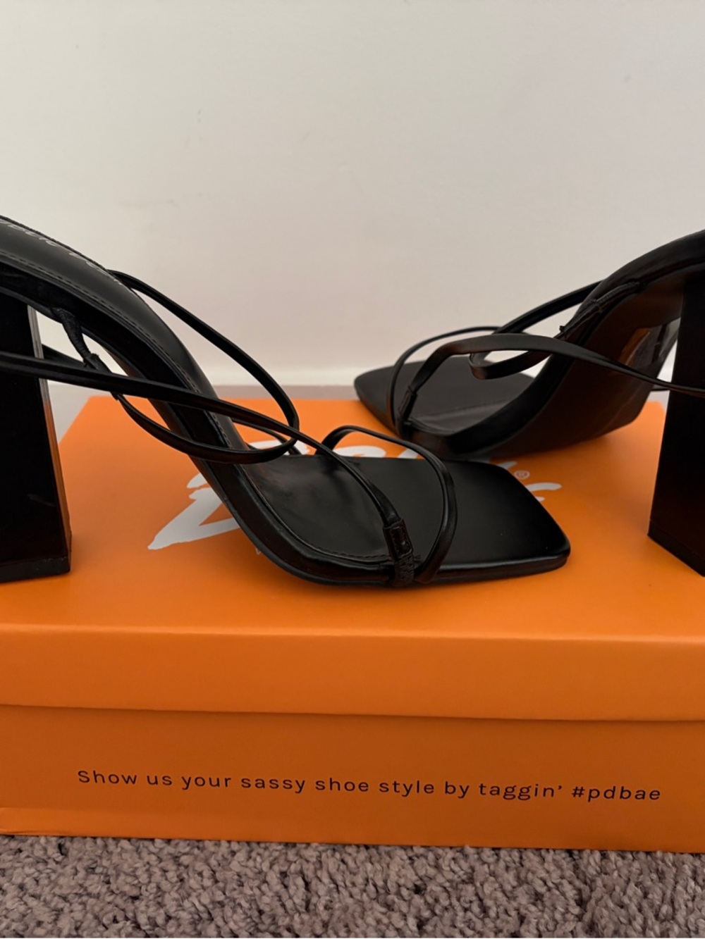 Public Desire Black Strappy Square-Toe Block Heel Sandals